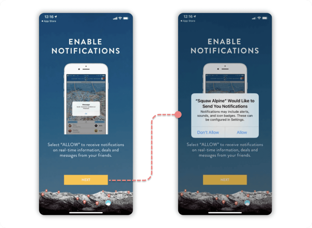 To address the downsides of the hard prompt, we can use something called a soft prompt or a pre-prompt. It's a custom designed in-app message or an app screen, asking the user if they want to opt in for push notifications. If they take a negative action, it closes and nothing happens, but if they take a positive action, then the system prompt we mentioned before is displayed.