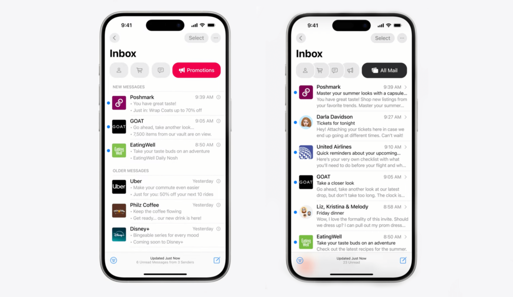 Email categorization tabs in Apple Mail on iOS 18