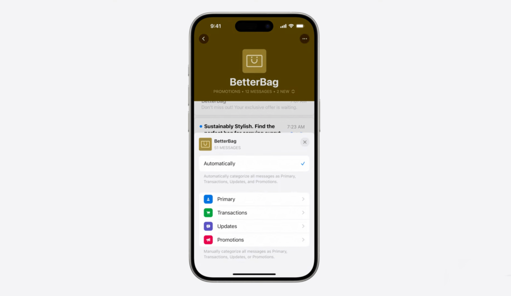 Manual Brand email categorization on iOS 18