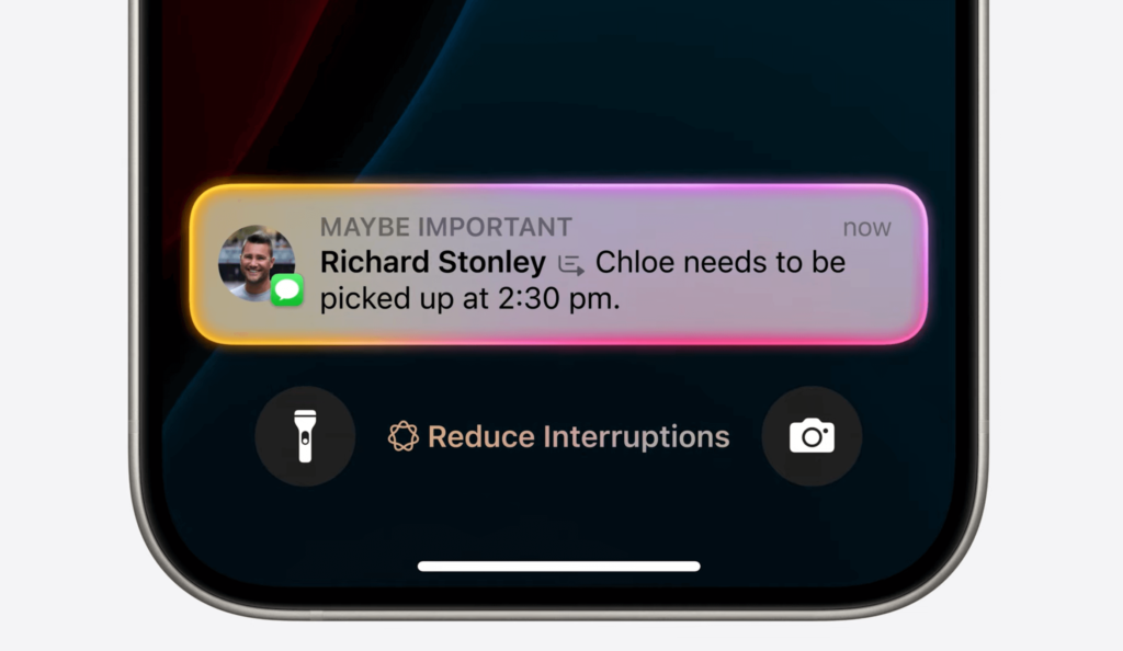 Reduce interruptions focus type enabled by Apple Intelligence on iOS 18