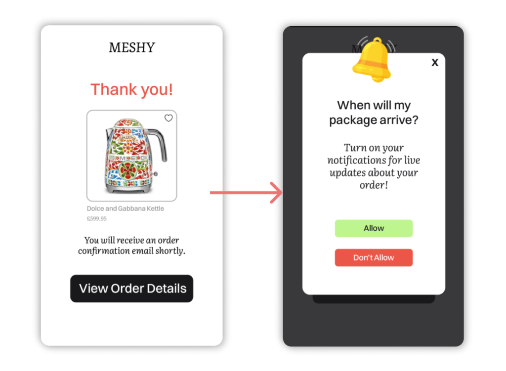 Example of tying an order completion to a push notification opt-in prompt