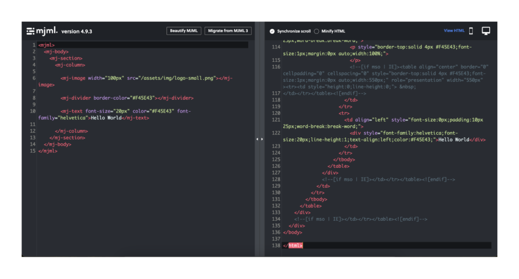 Screenshot of an online MJML editor