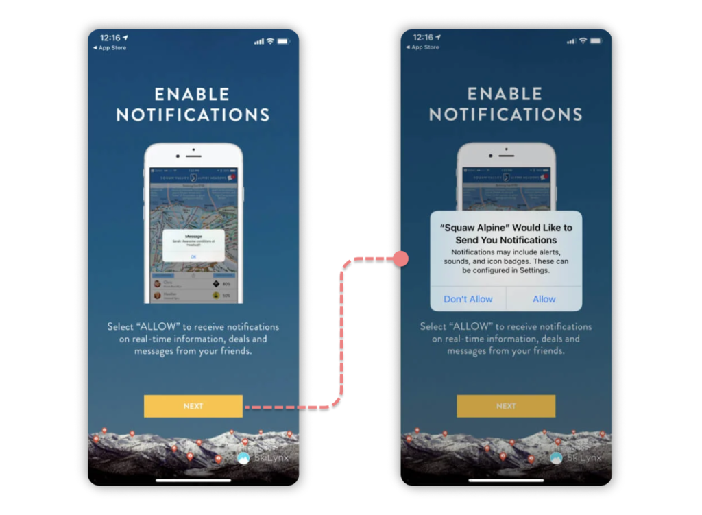 To address the downsides of the hard prompt, we can use something called a soft prompt or a pre-prompt. It's a custom designed in-app message or an app screen, asking the user if they want to opt in for push notifications. If they take a negative action, it closes and nothing happens, but if they take a positive action, then the system prompt we mentioned before is displayed.
