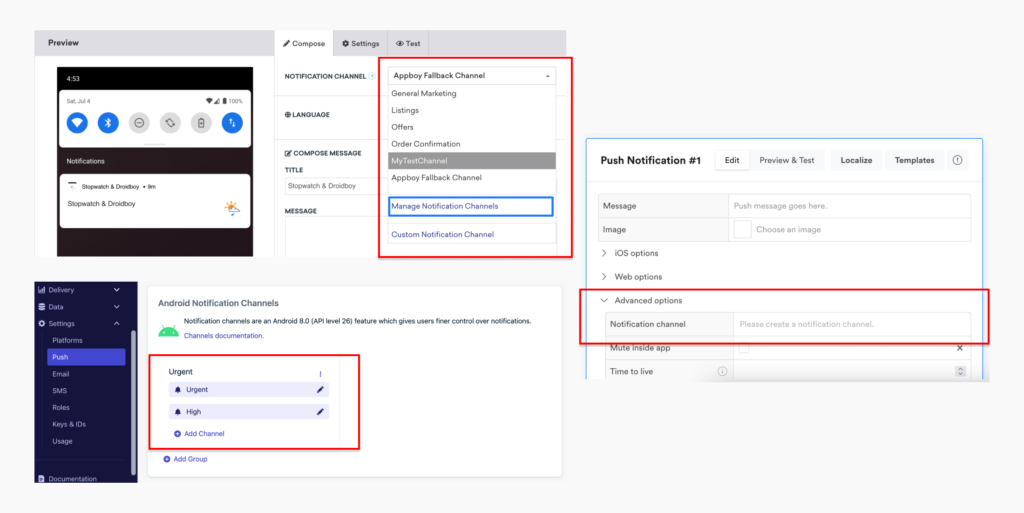 Options to select Android push category in tools like Braze, OneSignal and Leanplum