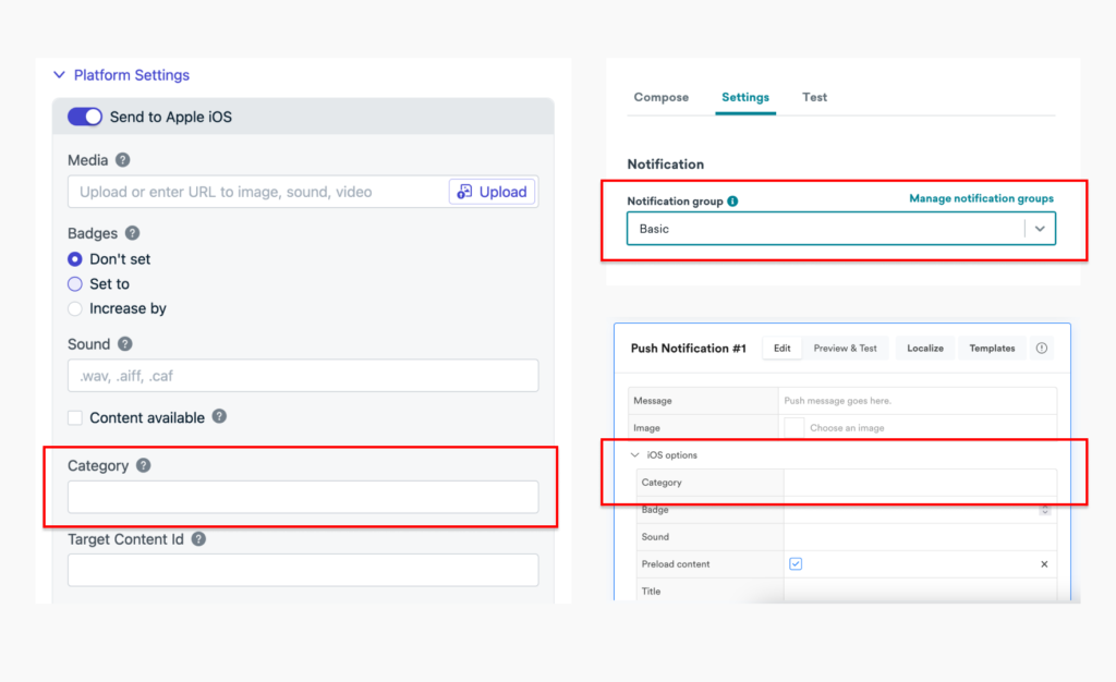 Options to select iOS push category in tools like Braze, OneSignal and Leanplum